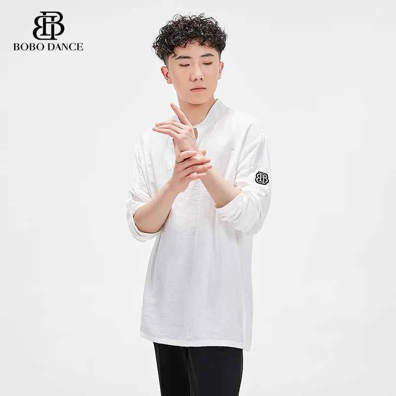BOBO Boys Latin Dance Clothing High-end Professional Practice Clothing Men's Adult Loose Art Test Short Sleeve Top