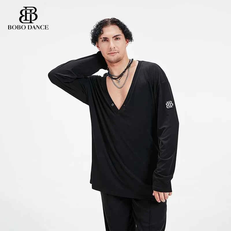 BOBO Boys Latin Dance Suit V-Neck Long Sleeve T-Shirt Men's Ballroom Dance Professional Latin Practice Suit Dance Top