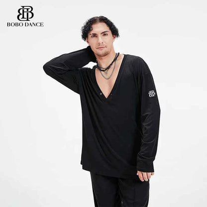 BOBO Boys Latin Dance Suit V-Neck Long Sleeve T-Shirt Men's Ballroom Dance Professional Latin Practice Suit Dance Top