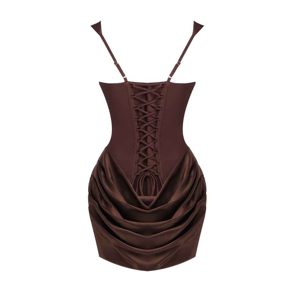 Z0070 Square neck suspender pleated design sleeveless short skirt