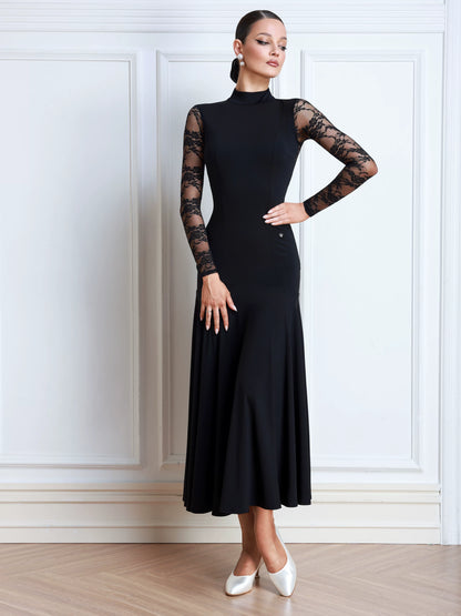 TID women's lace long-sleeved ballroom dance performance standard swing dress D035