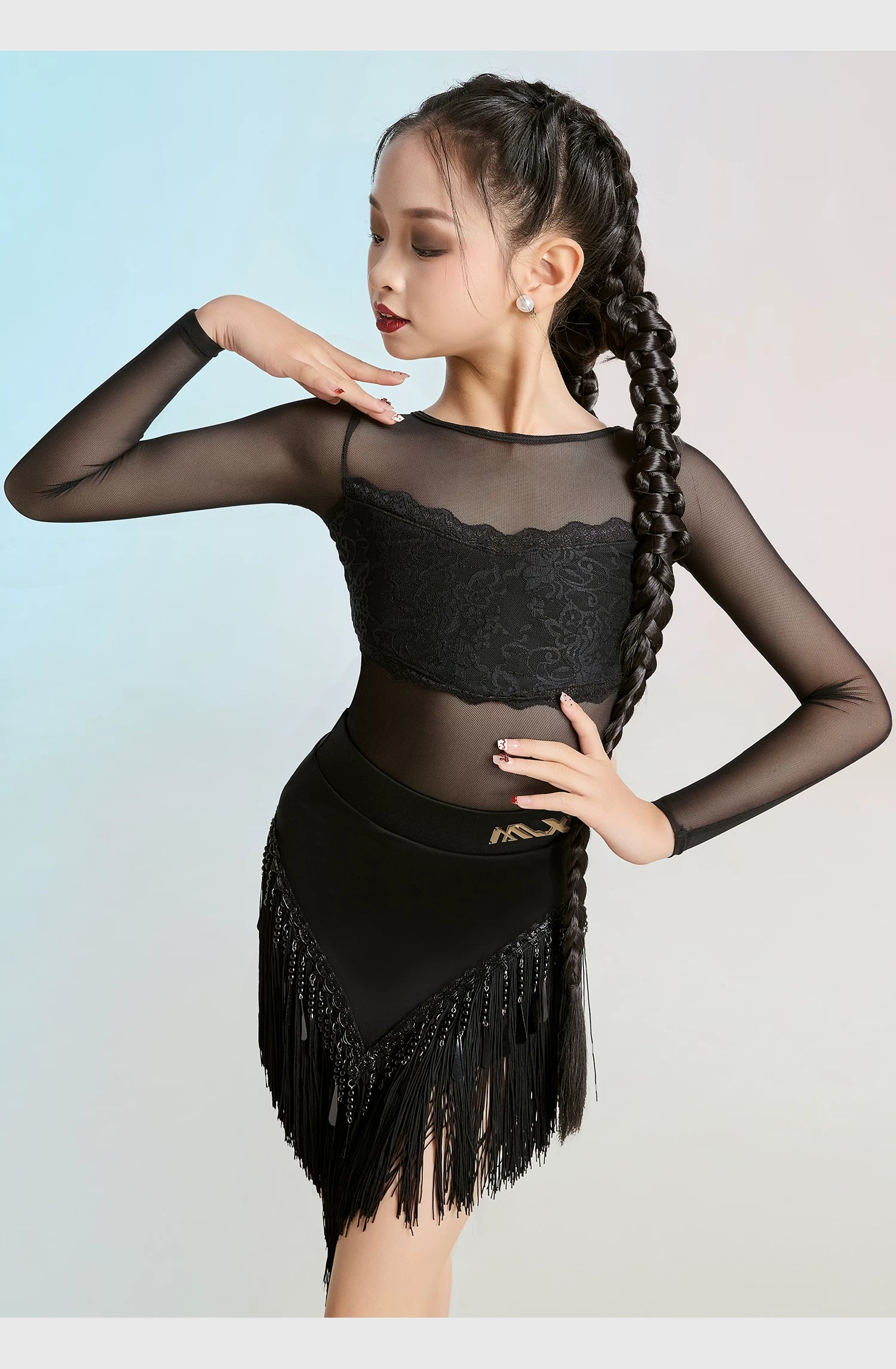 MLX 116 Children's Latin Dance Suit Advanced Sense Children's Dance Lace Fringed Skirt Practice Suit - Mine·Jas