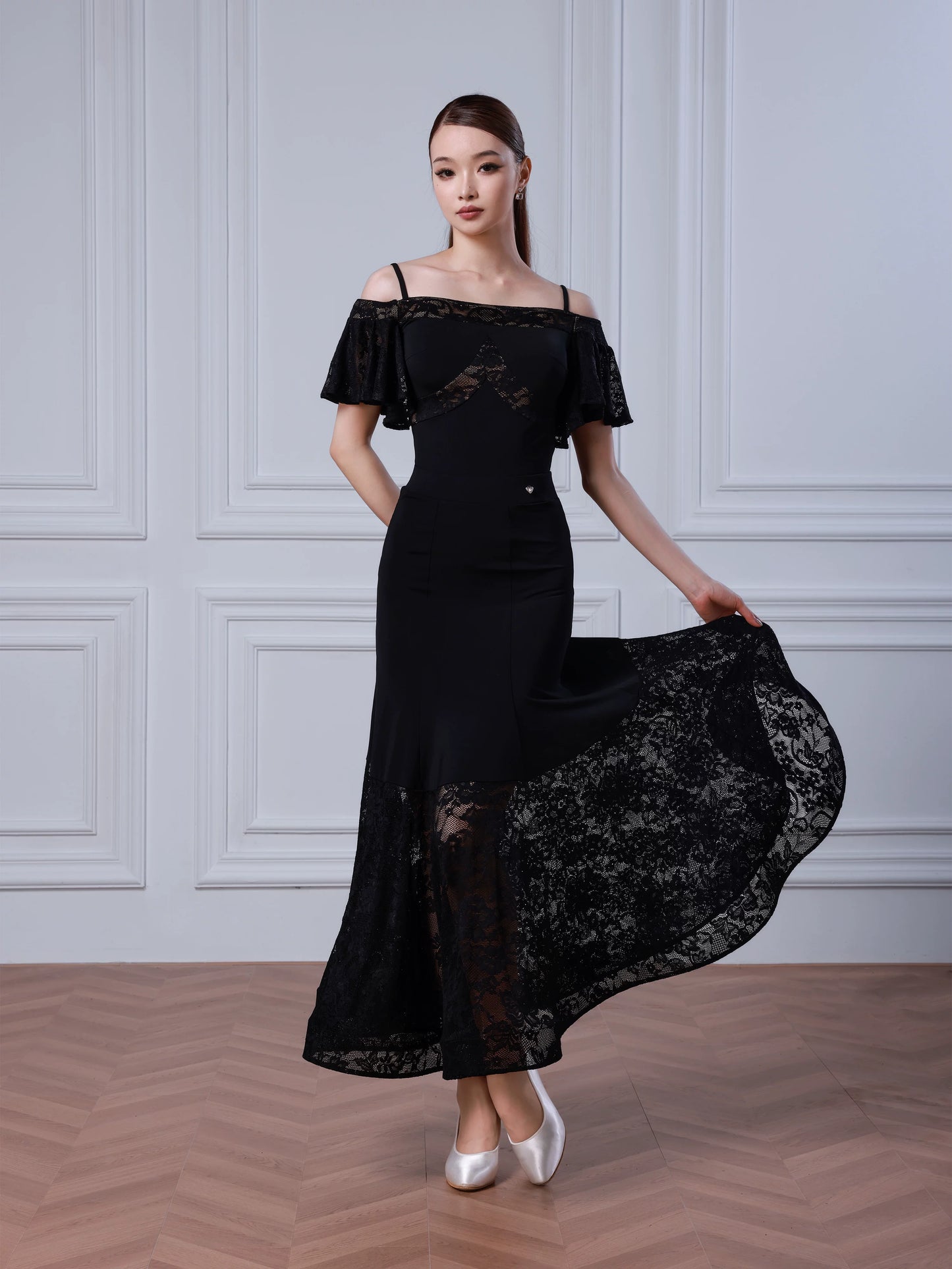 TID new modern dance skirt ballroom dance waltz swing skirt lace fishbone skirt national ballroom dance suit B077 + S047