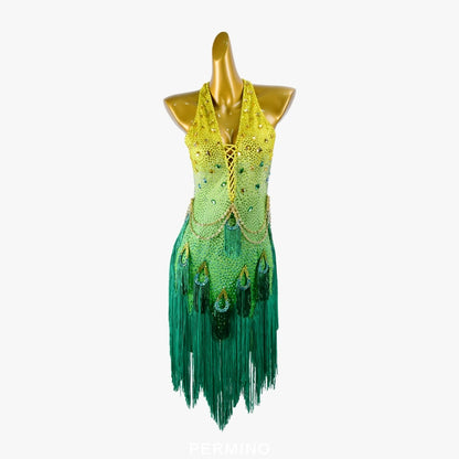 PERMINO.L026F Vibrant Yellow-Green Gradient Fringe Latin Dance Dress