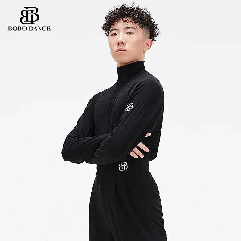 BOBO Boys Latin Dance Clothing High-end Professional Practice Clothing Men's Adult High Neck Autumn and Winter Long Sleeve Top