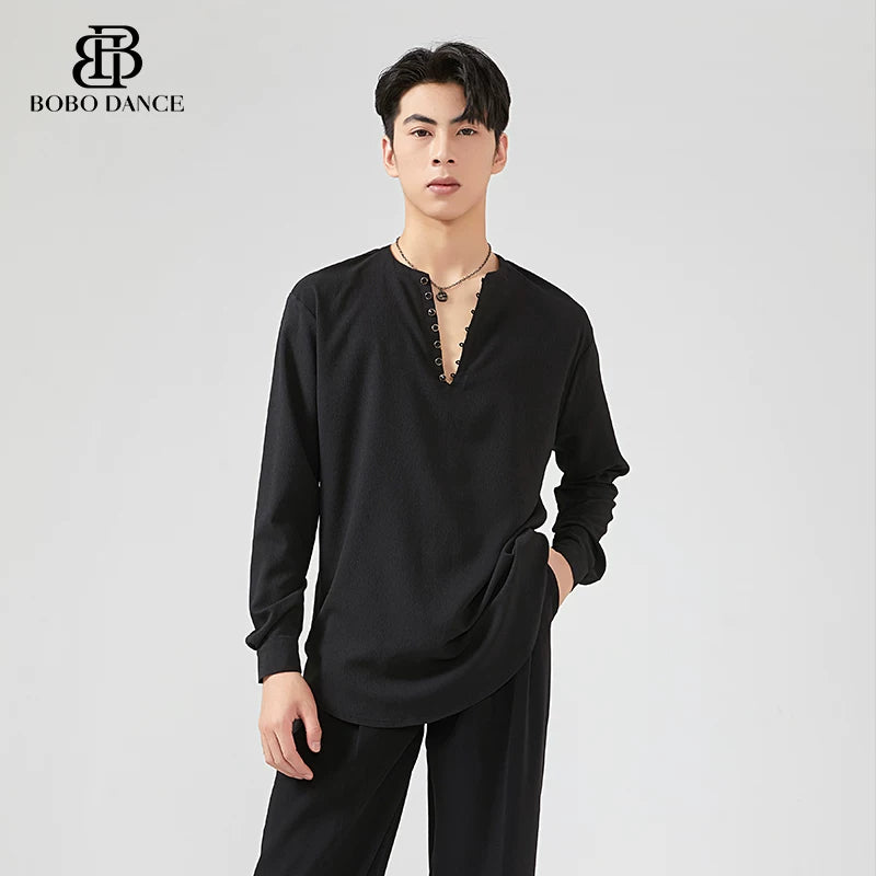 BOBO Boys Latin Dance Suit V-Neck Black and White Dance Top T-Shirt Men's Ballroom Dance Professional Latin Practice Suit