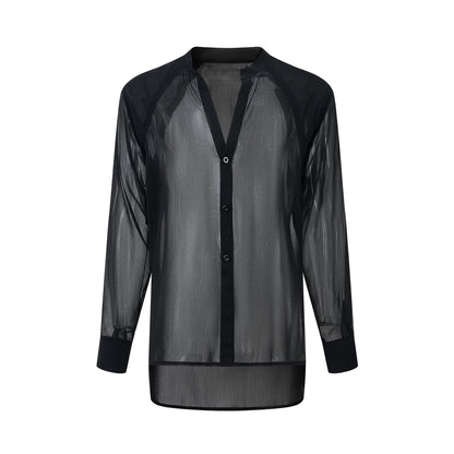 DUYQ "Men's Series" 001 Light and transparent texture small stand-up collar shirt National standard men's Latin dance professional