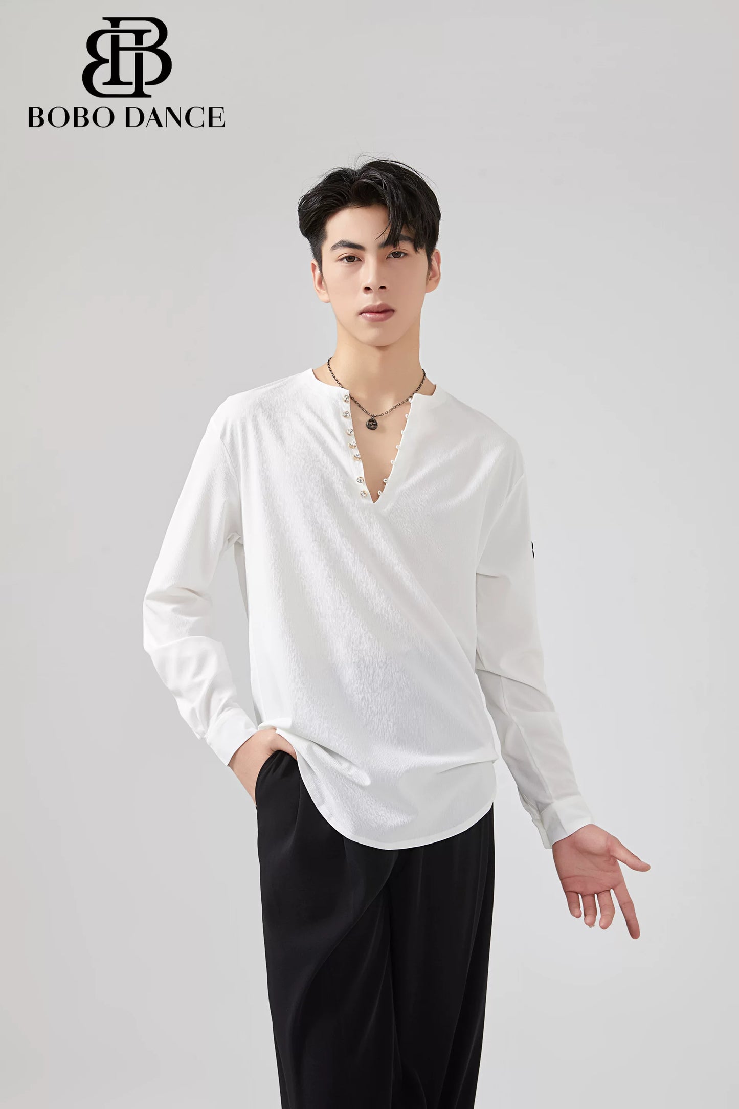 BOBO Boys Latin Dance Suit V-Neck Black and White Dance Top T-Shirt Men's Ballroom Dance Professional Latin Practice Suit