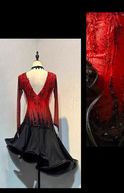 YUN.L033FDD BLACK AND RED LADIES LATIN COSTUME