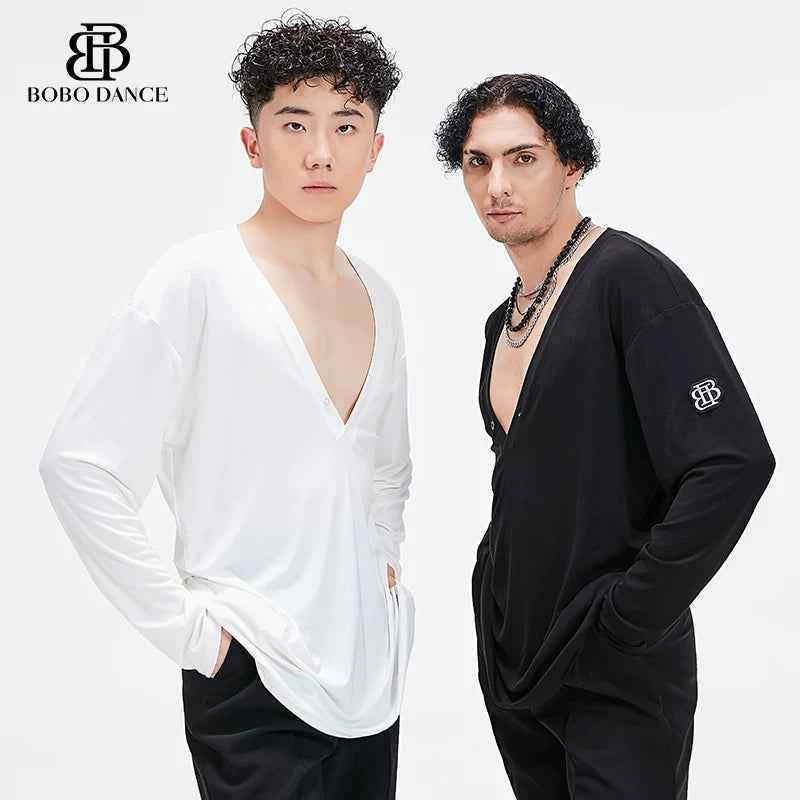BOBO Boys Latin Dance Suit V-Neck Long Sleeve T-Shirt Men's Ballroom Dance Professional Latin Practice Suit Dance Top