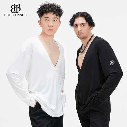 BOBO Boys Latin Dance Suit V-Neck Long Sleeve T-Shirt Men's Ballroom Dance Professional Latin Practice Suit Dance Top