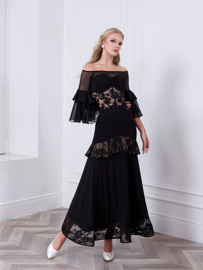 TID ballroom practice top and skirt advanced one-word shoulder waltz ballroom dance wear B016/S038