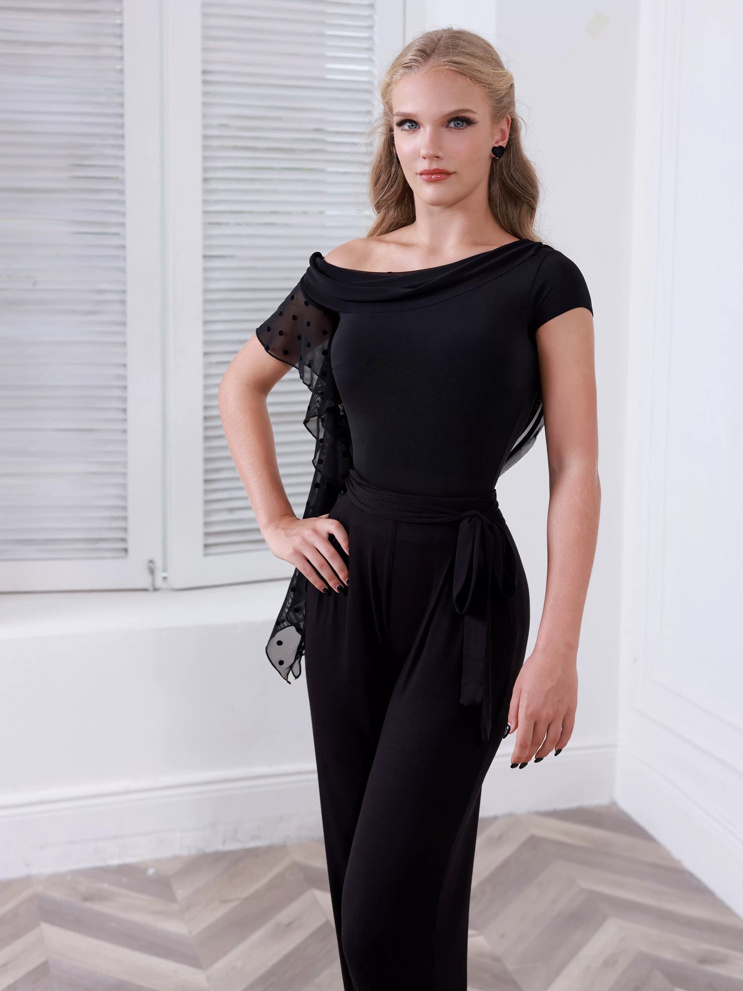 TID women's practice top and trousers slanted shoulder fluttering sleeves social ballroom dance B062/M005