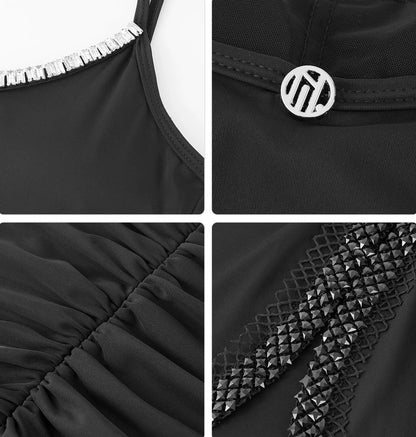 Black outfit with detailed views on a white background
