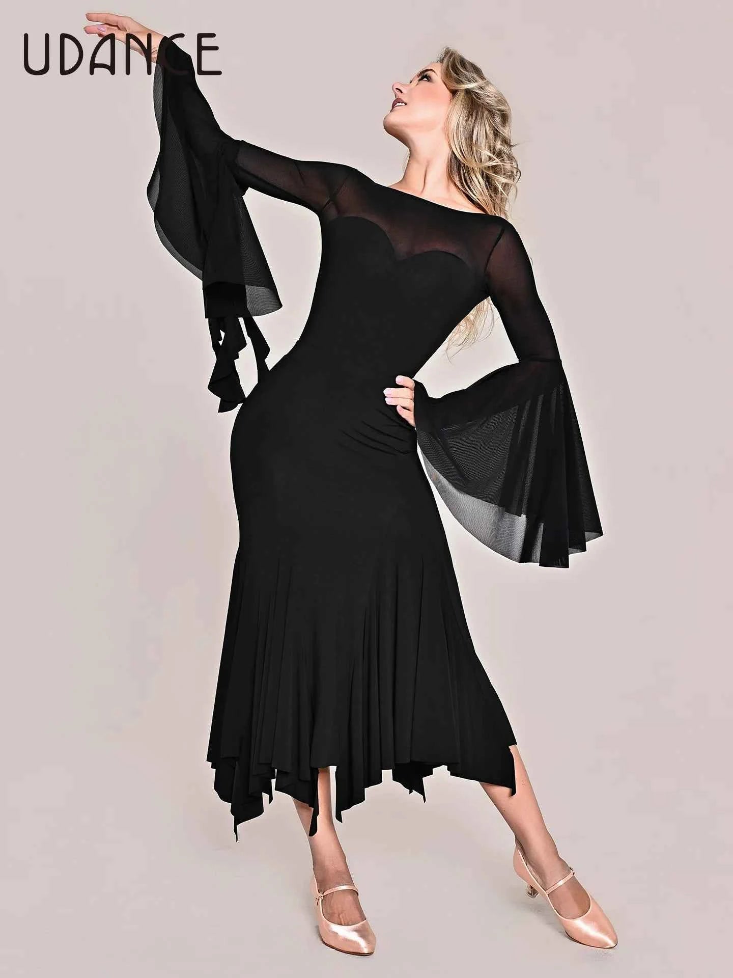 UDANCE ballroom pendulum body suit pendulum sleeve body suit lotus leaf sleeve mesh splicing top AMD11