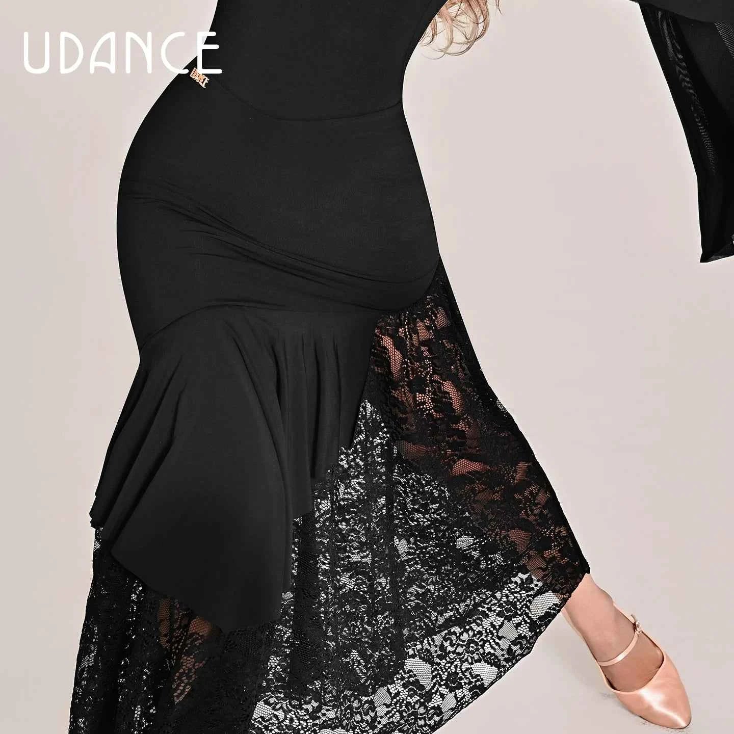 UDANCE modern skirt lace splicing pendulum long skirt embroidery hollow splicing versatile AMD12