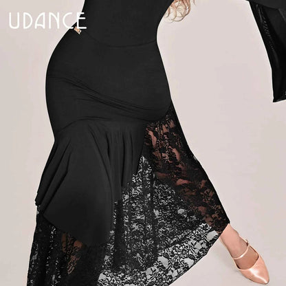 UDANCE modern skirt lace splicing pendulum long skirt embroidery hollow splicing versatile AMD12