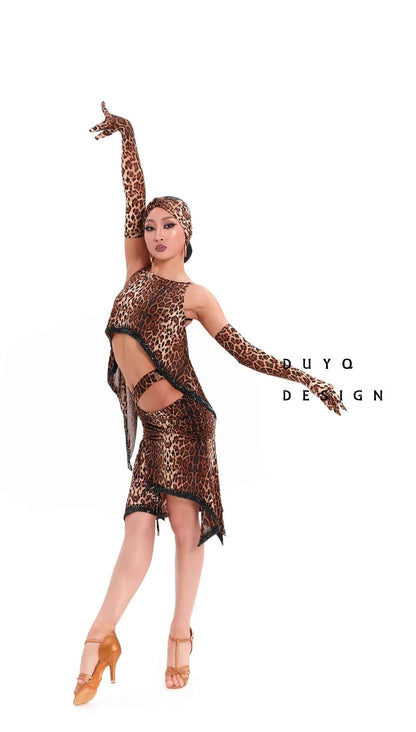 DUYQ "Leopard Hidden, Xia Ying" Latin 001 Original Suspender Split Top National Standard Women's Latin Dance Practice Suit - Mine·Jas