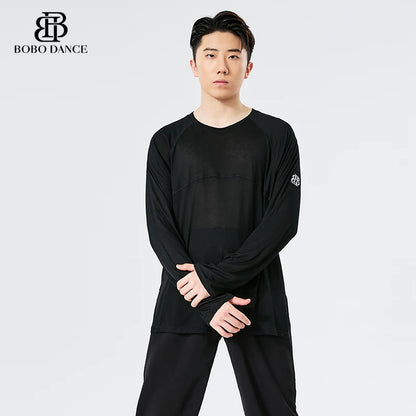 BOBO. L159 Boys Latin Dance Suit Crew Neck Long Sleeve T-Shirt Men's Ballroom Dance Professional Latin Practice Suit Dance Top