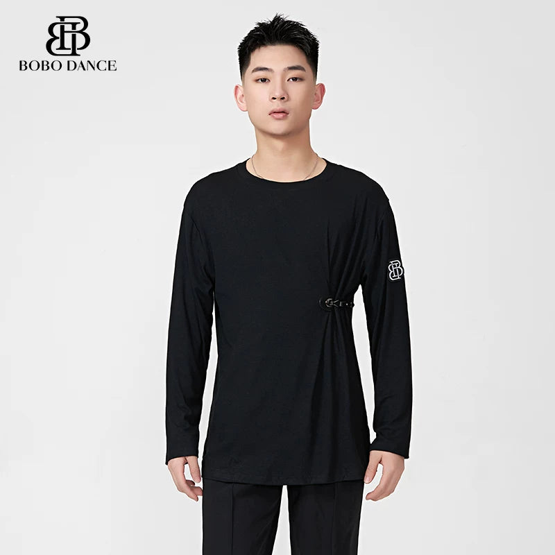 BOBO-DANCE.L077 Neck Black and White Dance Top T-Shirt Men's Ballroom Dance Professional Latin Practice Suit