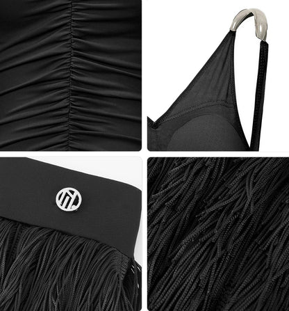 Black pleated garment with a brand logo on a white background