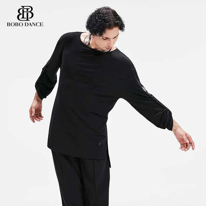 BOBO Boys Latin Dance Suit Crew Neck Black and White T-Shirt Men's Ballroom Dance Professional Latin Practice Suit Dance Top