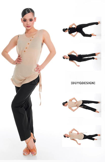 DUYQ "Female Teacher Series" 007 Design Sense Oblique Button Drawstring Sleeveless Top National Standard Latin Dance Clothing Professional