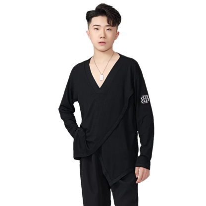 BOBO.L073 Boys Latin Dance Suit Crew Neck Black and White T-Shirt Men's Ballroom Dance Professional Latin Practice Suit Dance Top