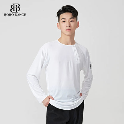 BOBO.L074 Boys Latin Dance Suit Crew Neck Black and White T-Shirt Men's Ballroom Dance Professional Latin Practice Suit Dance Top