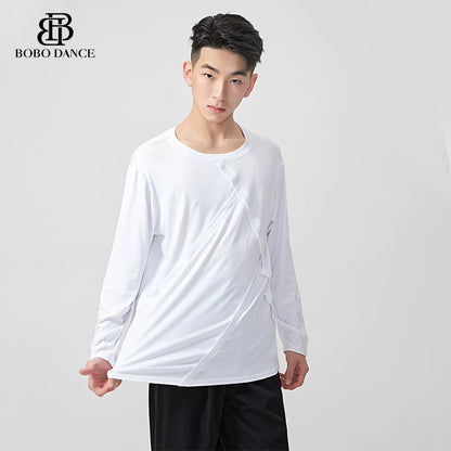 BOBO.L082 Boys Latin Dance Suit Crew Neck Black and White T-Shirt Men's Ballroom Dance Professional Latin Practice Suit Dance Top