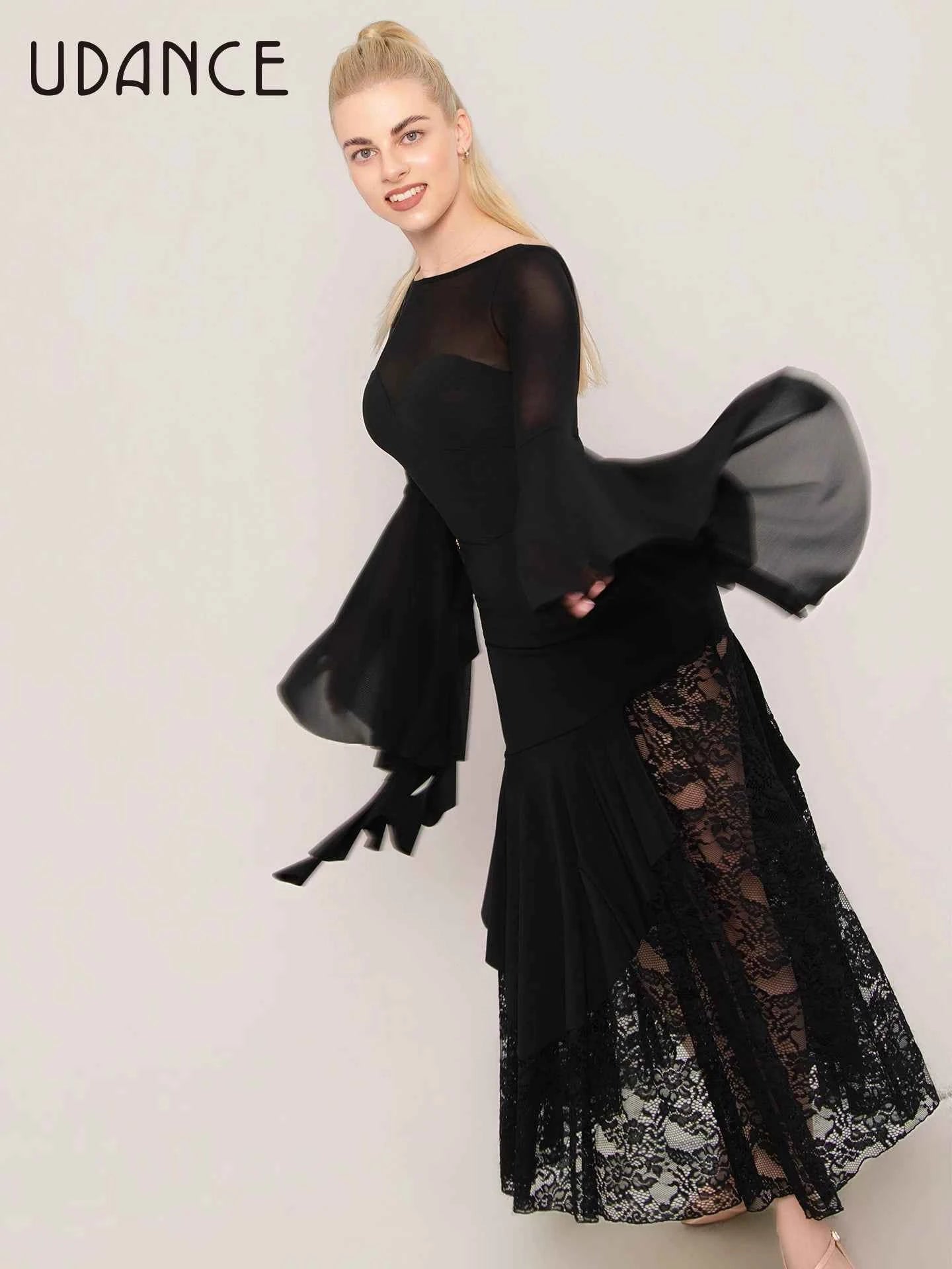 UDANCE ballroom pendulum body suit pendulum sleeve body suit lotus leaf sleeve mesh splicing top AMD11