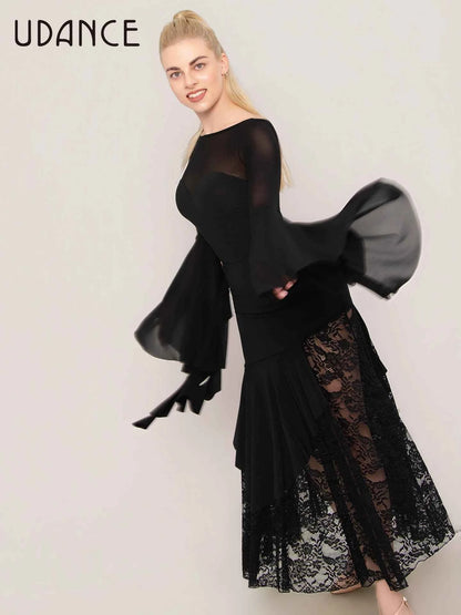 UDANCE ballroom pendulum body suit pendulum sleeve body suit lotus leaf sleeve mesh splicing top AMD11