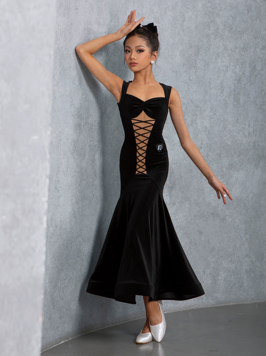 TID children's national ballroom dance suit girls' new thin velvet fishbone hemming dress friendship waltz dance dress