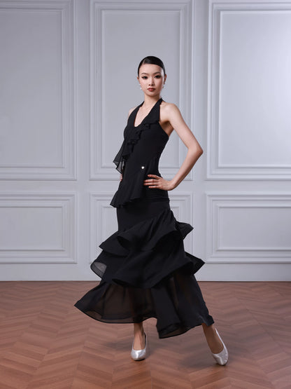 TID neck dress, multi-layer skirt, large swing skirt, high-end ballroom dance skirt
