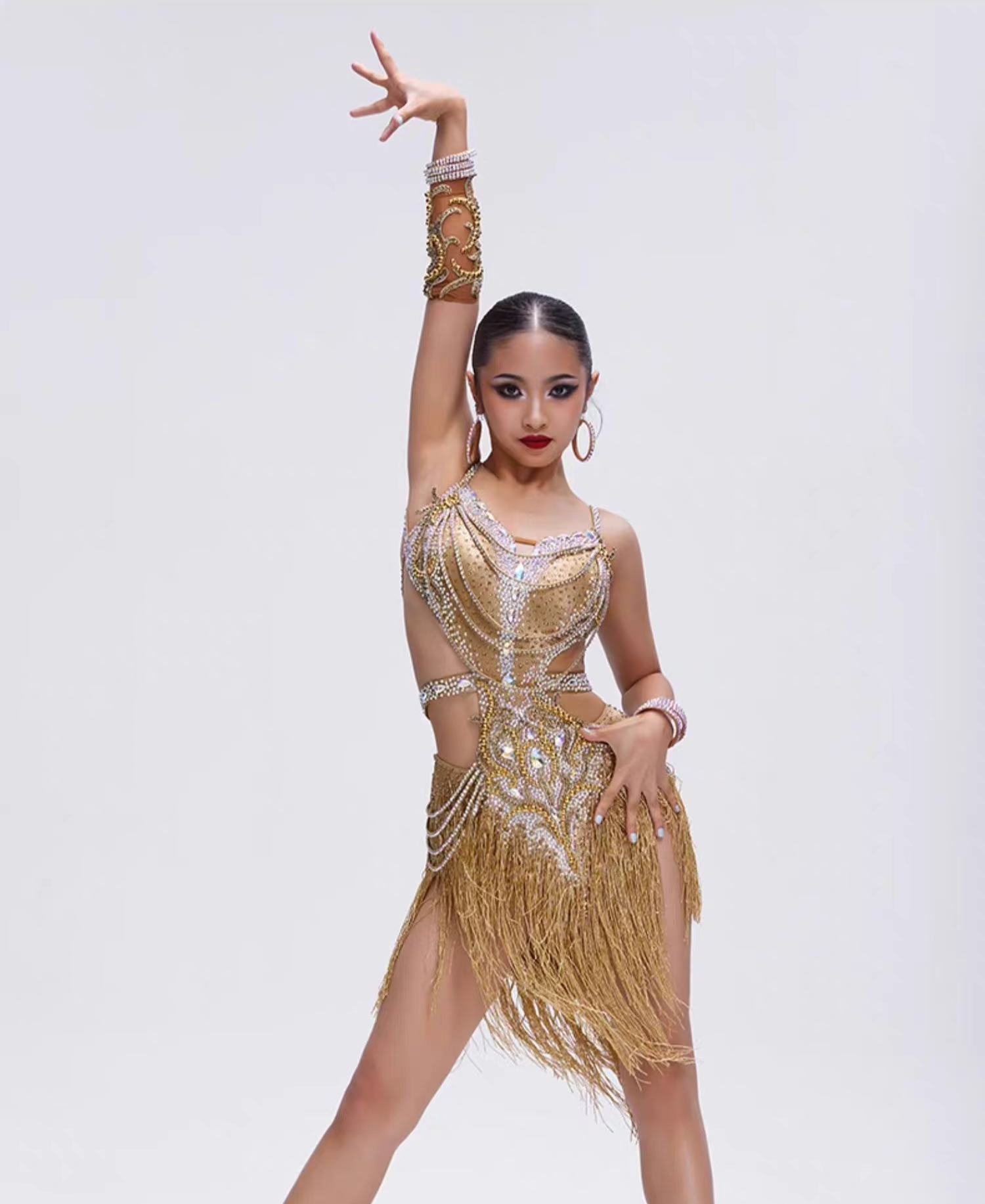 YUN.L031FDD LADIES GOLD AND FRINGE LATIN DANCE COSTUME – Mine·Jas