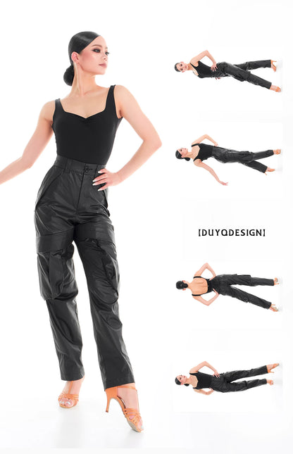 DUYQ "Female Teacher Series" 009 Glossy deconstruction three-dimensional big pocket straight trousers Latin dance suit professional