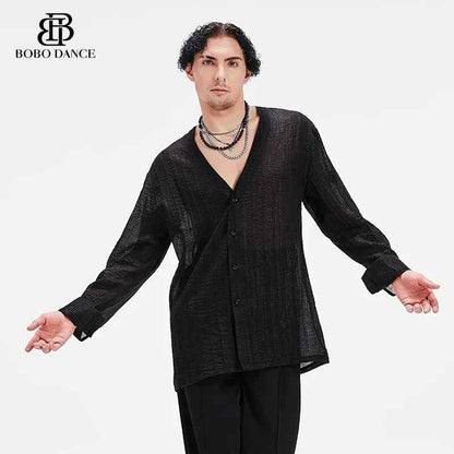 BOBO Men's Latin Dance Suit Shirt High-end Professional Practice Suit Adult Couple Top Long Sleeve Boys