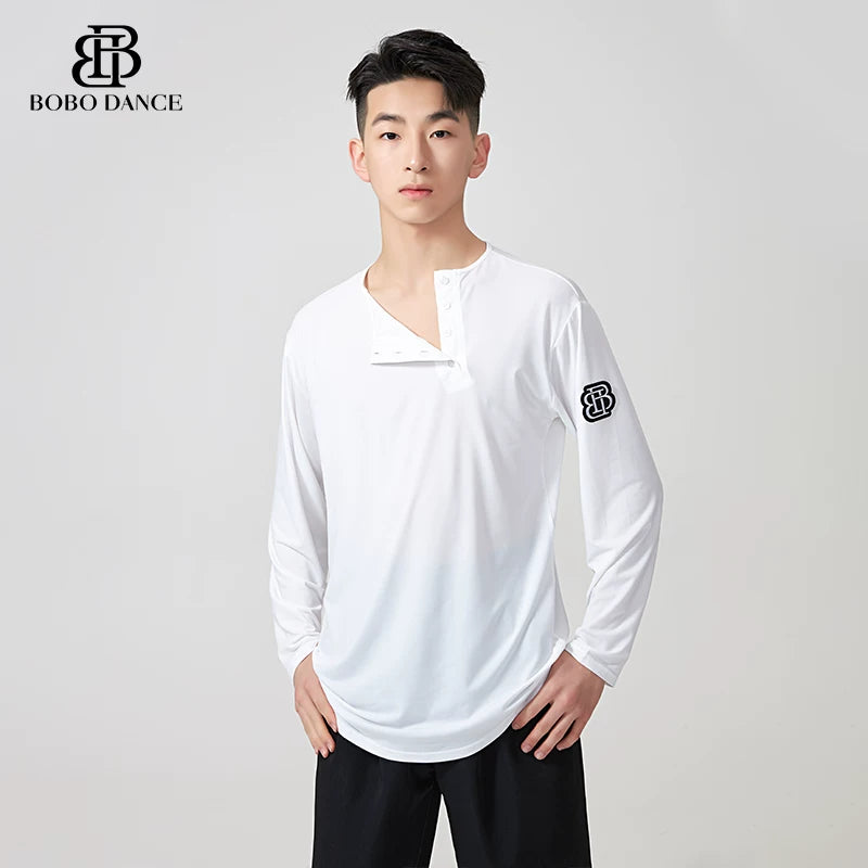 BOBO.L074 Boys Latin Dance Suit Crew Neck Black and White T-Shirt Men's Ballroom Dance Professional Latin Practice Suit Dance Top
