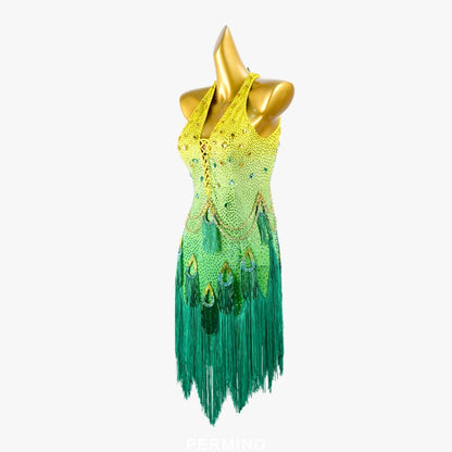 PERMINO.L026F Vibrant Yellow-Green Gradient Fringe Latin Dance Dress