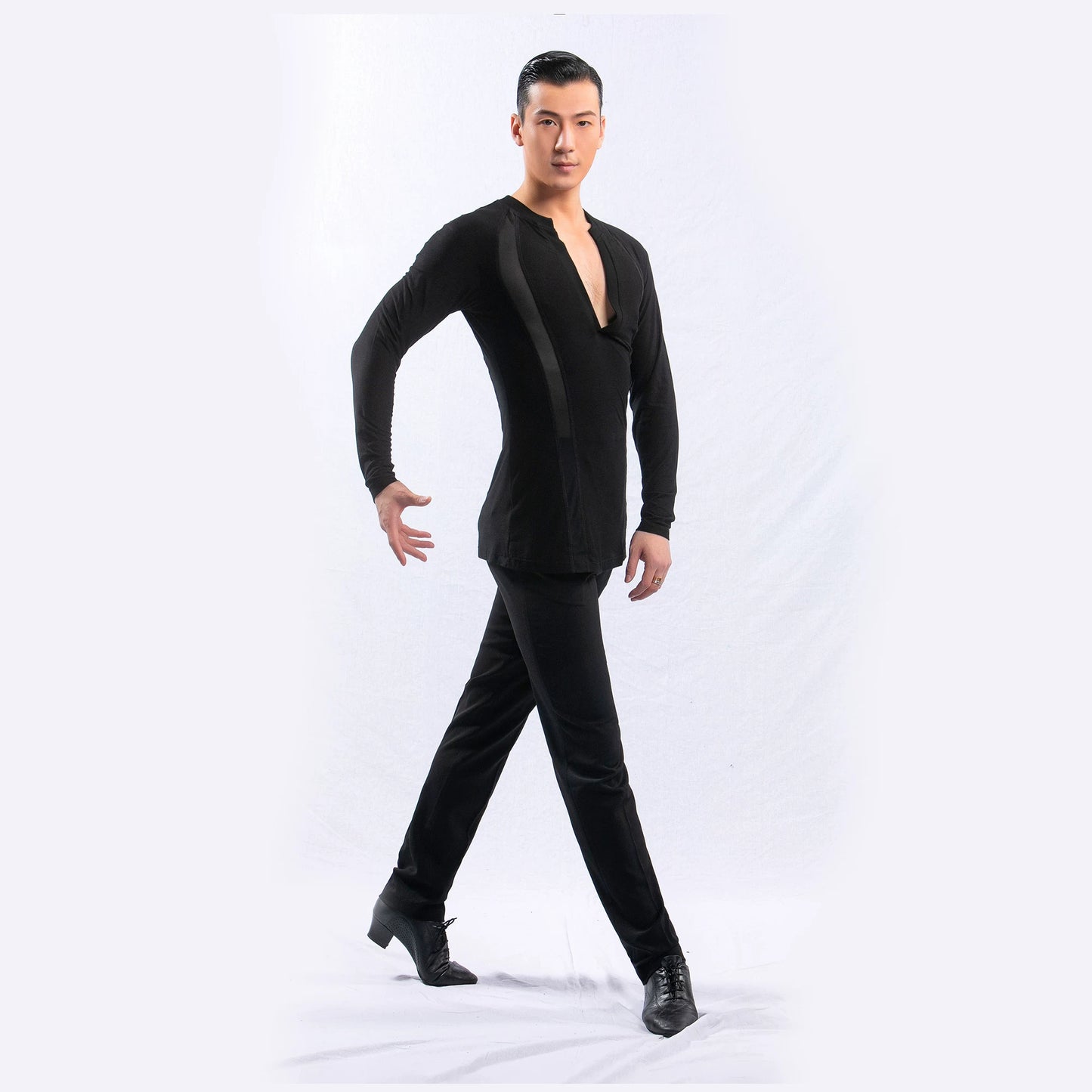 DONG XIN.NY191 dance suit V-neck waist T-shirt men's Latin slim-fit top Latin practice suit dance fitness suit