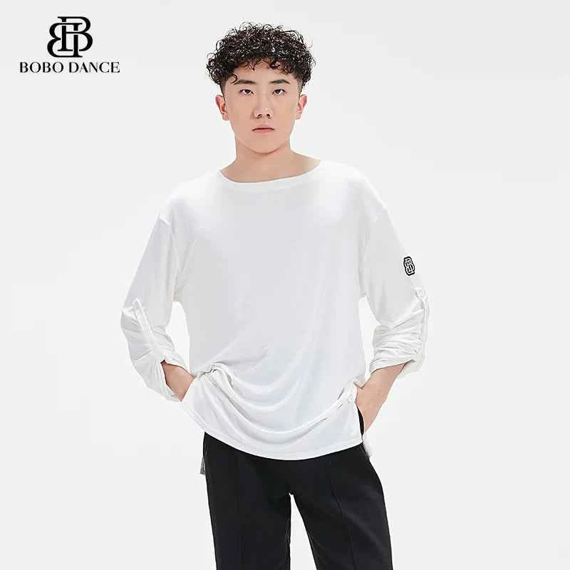 BOBO Boys Latin Dance Suit Crew Neck Black and White T-Shirt Men's Ballroom Dance Professional Latin Practice Suit Dance Top
