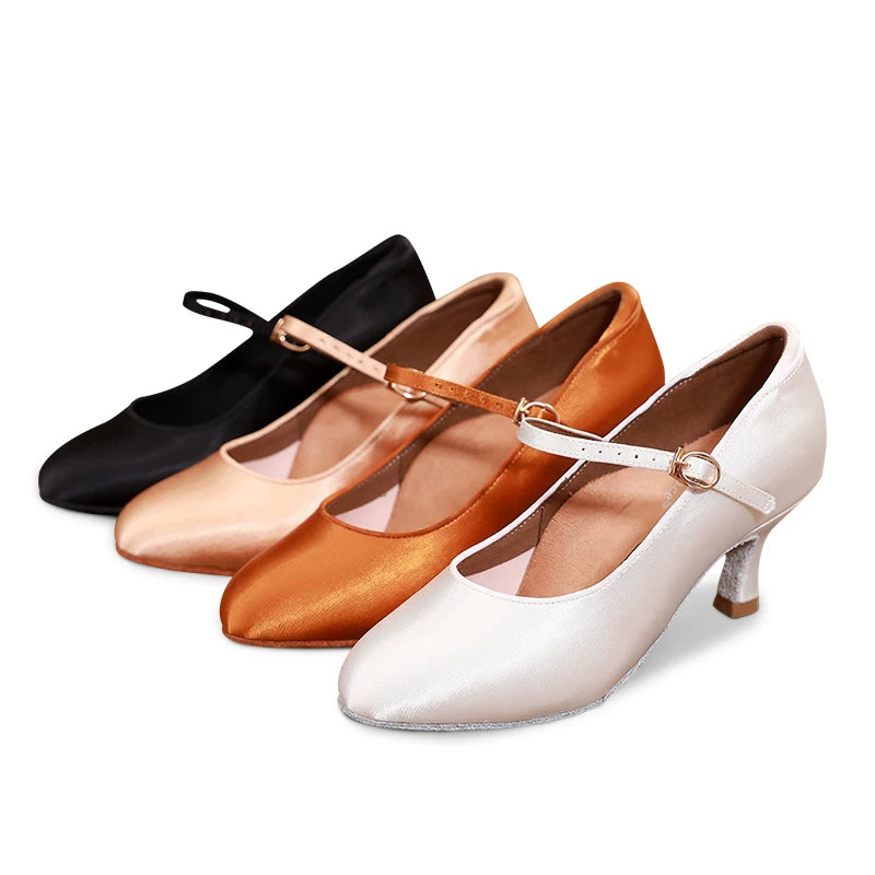 DRH-203 Women's Round Toe Ballroom Dance Soft Sole Practice Shoes for Tango & Waltz, Satin Upper, Wide Feet Friendly - Mine·Jas