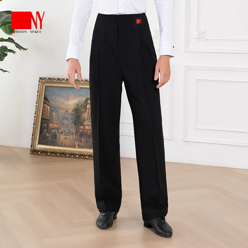 NY Fashion Men's Latin Ballroom Dance Pants Wide Leg Black Pocket Dance Pants 25133K
