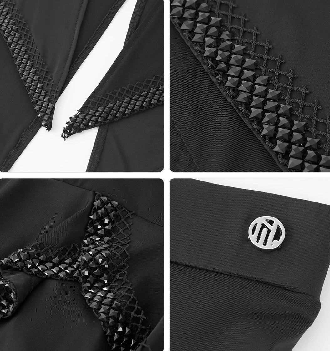Black jacket with studded details and a logo on a white background