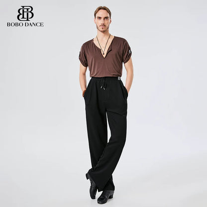 BOBO Men's National Standard Latin Dance Pants Modern Dance Pants Trousers Belt Design High Waist Latin Dance National Standard Practice Pants