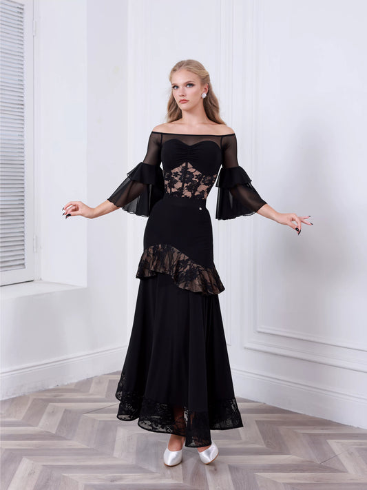 TID ballroom practice top and skirt advanced one-word shoulder waltz ballroom dance wear B016/S038