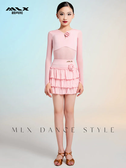 MLX gold 102/202 children's new long-sleeved Latin dance practice clothes children's dance cake skirt performance clothes - Mine·Jas