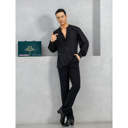 Dongxin dance suit Latin dance v-neck fake two long-sleeved tops, men's practice clothes NY719
