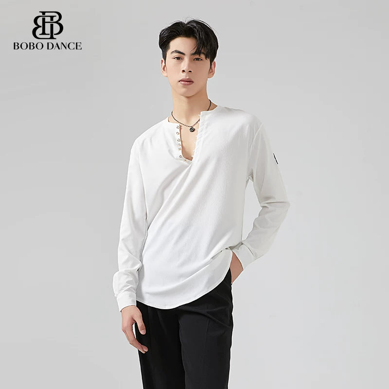 BOBO Boys Latin Dance Suit V-Neck Black and White Dance Top T-Shirt Men's Ballroom Dance Professional Latin Practice Suit