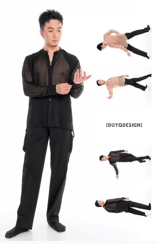 DUYQ "Men's Series" 001 Light and transparent texture small stand-up collar shirt National standard men's Latin dance professional